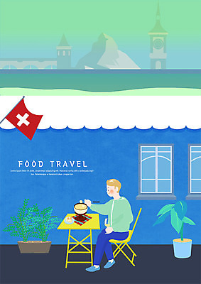 전신 PSD 남자 화분 여행 의자 일러스트 창문 탁자 한명 미소 사람 앉기 성인 레스토랑 스위스 시계탑 맛집 루체른 베른 알프스산 치즈퐁듀 카펠교 퐁듀 국내일러스트 1 유럽 음식 가구 모션 산 표정 탑 식당 다리_건축물 알프스 파일형식