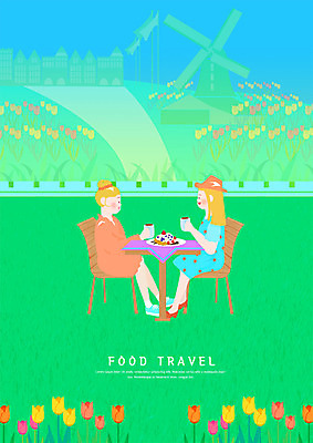 전신 PSD 여자 여행 꽃밭 일러스트 미소 사람 앉기 초원 성인 두명 마주보기 풍차 머그컵 튤립 마시기 네덜란드 와플 맛집 야외의자 야외테이블 국내일러스트 꽃 유럽 의자 모션 탁자 디저트 표정 컵 파일형식