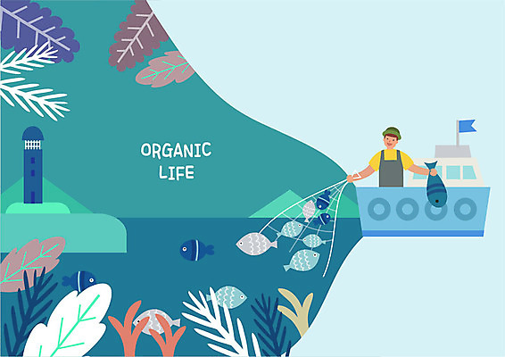 라이프스타일 남자 여러마리 일러스트 나뭇잎 등대 어류 한명 미소 사람 상반신 성인 빛 바닷속 나뭇가지 그물 어선 산호초 유기농 고기잡이 국내일러스트 AI파일 나무 1 웰빙 다수 잎 배_교통 표정 어업 생활 수중 수중동물 수중식물 파일형식 벡터