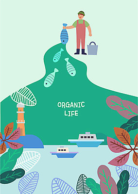 전신 라이프스타일 남자 바다 여러마리 일러스트 등대 어류 한명 서기 미소 사람 성인 나뭇가지 잡기 어선 어부 양동이 유기농 국내일러스트 AI파일 나무 직업 1 웰빙 다수 배_교통 모션 표정 생활 수중동물 파일형식 벡터