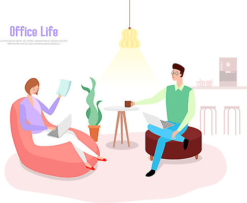 전신 라이프스타일 여자 남자 화분 일러스트 탁자 전등 사람 앉기 성인 두명 라이프 노트북 소파 사무실 머그컵 업무 문서 국내일러스트 AI파일 가구 의자 비즈니스 모션 조명 생활 컵 전자제품 작업 파일형식 벡터