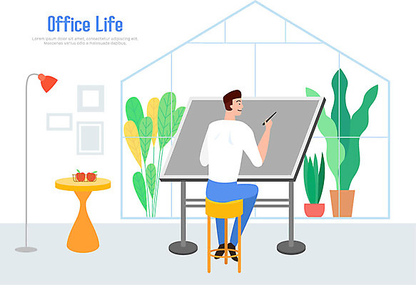 전신 라이프스타일 남자 화분 일러스트 탁자 전등 한명 미소 사람 앉기 성인 라이프 태블릿 사무실 펜 작업 그리기 국내일러스트 AI파일 1 가구 비즈니스 모션 조명 표정 생활 전자제품 스마트기기 필기구 파일형식 벡터