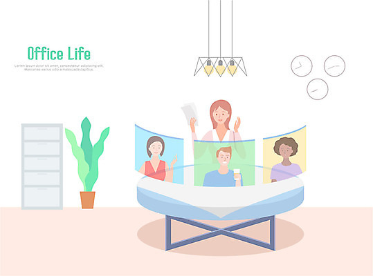 라이프스타일 여자 남자 화분 일러스트 모바일 전등 대화 들기 사람 여러명 상반신 성인 라이프 사무실 스크린 벽시계 서랍장 문서 원형탁자 화상통화 온택트 국내일러스트 AI파일 시계 가구 다수 비즈니스 모션 탁자 조명 말하기 생활 통화 파일형식 벡터