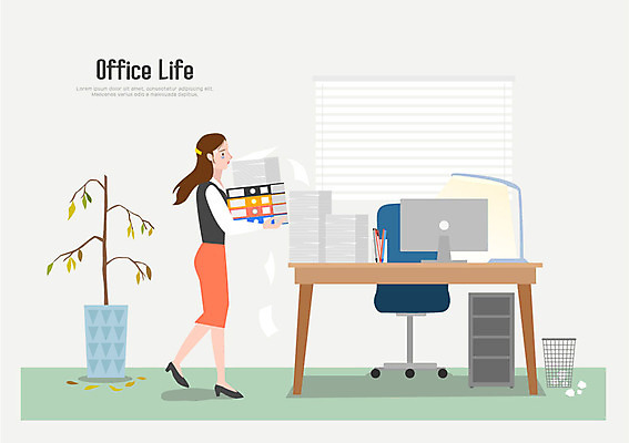 전신 라이프스타일 여자 화분 일러스트 전등 피곤 한명 사람 성인 라이프 컴퓨터 사무실 쓰레기통 블라인드 운반 떨어짐 책상 서랍장 문서 파일 연필꽂이 무거움 시들음 힘듦 성인여자한명만 국내일러스트 AI파일 1 가구 컨셉 비즈니스 문구용품 조명 생활 전자제품 커튼 무게 여자한명만 성인여자만 파일형식 벡터