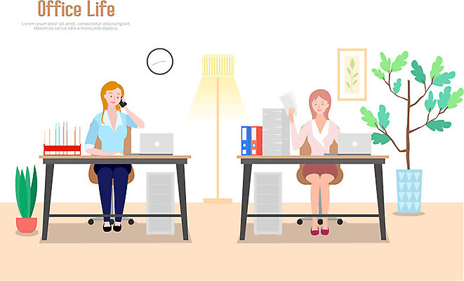 전신 라이프스타일 여자 화분 액자 의자 일러스트 전등 미소 들기 사람 앉기 성인 두명 라이프 책 노트북 사무실 책상 벽시계 여러권 서랍장 문서 통화 파일함 국내일러스트 AI파일 시계 가구 다수 비즈니스 모션 조명 표정 생활 전자제품 사무용품 파일형식 벡터