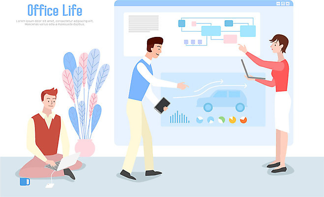 전신 라이프스타일 여자 남자 화분 일러스트 자동차 회의 그래프 안내 설명 서기 미소 들기 사람 앉기 성인 라이프 세명 노트북 태블릿 사무실 모니터 머그컵 가리킴 작업 국내일러스트 AI파일 육상교통 비즈니스 모션 표정 손짓 생활 컵 전자제품 스마트기기 컴퓨터 파일형식 벡터