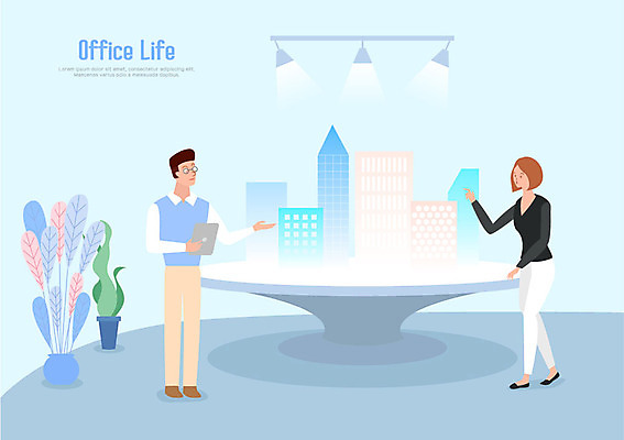 전신 라이프스타일 남자 화분 일러스트 회의 전등 안내 대화 설명 서기 사람 빌딩 성인 두명 라이프 노트북 사무실 마주보기 가리킴 국내일러스트 AI파일 비즈니스 모션 조명 말하기 손짓 건물 생활 전자제품 파일형식 벡터