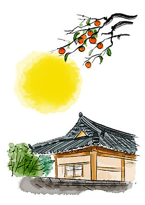 PSD 나무 일러스트 캘리그라피 붓터치 기와집 사람없음 추석 보름달 가을 감나무 번짐 기와담장 국내일러스트 식물 계절 명절 한옥 기와 감 담장 달 파일형식 효과