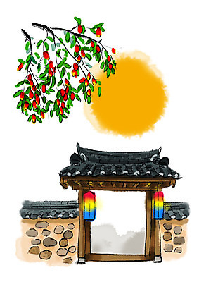 PSD 일러스트 캘리그라피 붓터치 기와 사람없음 담장 문 추석 보름달 청사초롱 번짐 대추나무 기와담장 국내일러스트 나무 명절 달 초롱 파일형식 효과