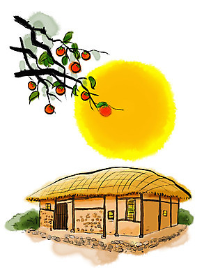 PSD 일러스트 캘리그라피 붓터치 초가집 사람없음 추석 보름달 가을 감나무 번짐 풀숲 국내일러스트 나무 계절 명절 한옥 감 달 숲 파일형식 효과