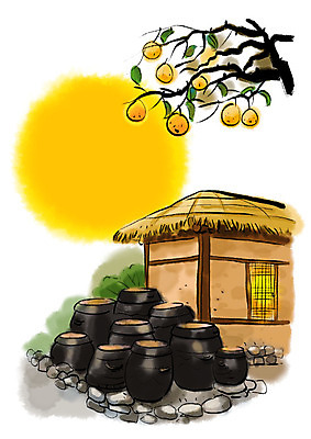 PSD 일러스트 캘리그라피 붓터치 초가집 사람없음 추석 보름달 가을 돌_바위 항아리 번짐 배나무 국내일러스트 나무 계절 명절 한옥 달 도자기 파일형식 효과