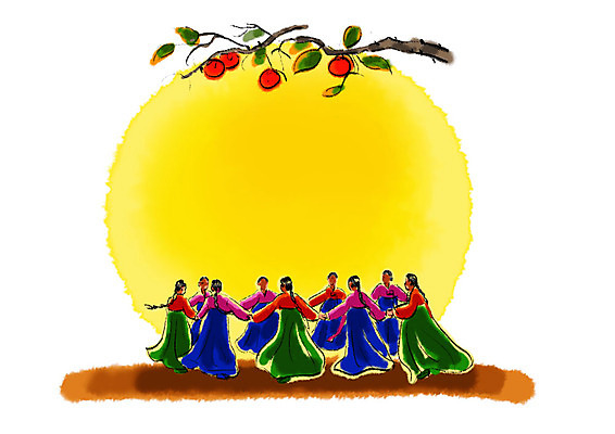 PSD 여자 일러스트 캘리그라피 붓터치 사람 여러명 성인 추석 전통놀이 보름달 가을 한복 감나무 번짐 댕기머리 강강술래 국내일러스트 나무 한국전통 전통 헤어스타일 계절 명절 다수 놀이 감 달 전통의상 파일형식 효과