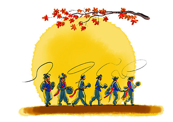 전신 PSD 남자 단풍 일러스트 캘리그라피 붓터치 사람 여러명 성인 추석 전통놀이 수확 보름달 가을 풍물놀이 사물놀이 북 번짐 꽹과리 사물놀이패 상모돌리기 국내일러스트 전통 계절 명절 다수 잎 농업 놀이 타악기 국악기 국악 달 전통공연 파일형식 효과