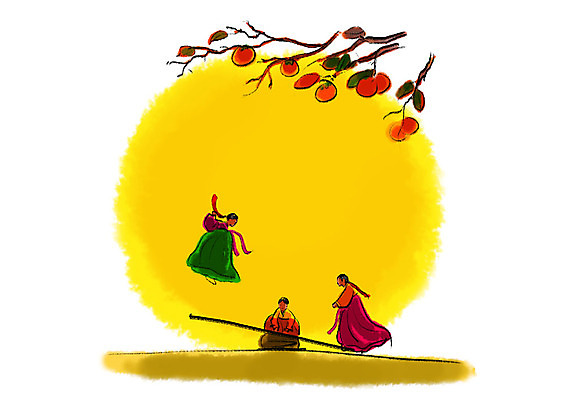 전신 PSD 여자 일러스트 캘리그라피 붓터치 사람 성인 세명 추석 전통놀이 보름달 가을 나뭇가지 한복 감나무 번짐 널뛰기 국내일러스트 나무 한국전통 전통 계절 명절 놀이 감 달 전통의상 파일형식 효과