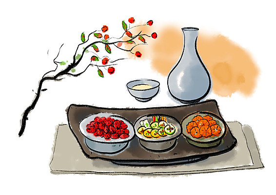 PSD 한식 일러스트 캘리그라피 붓터치 술병 사람없음 추석 대접 상차림 전 대추 번짐 막걸리 곶감 대추나무 술상 국내일러스트 나무 명절 음식 병_용기 주류 감 건과일 파일형식 효과