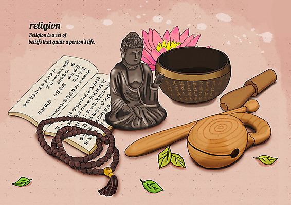 PSD 종교 불교 일러스트 종교용품 나뭇잎 연꽃 사람없음 사발 불상 염주 목탁 불경 국내일러스트 꽃 잎 사기그릇 불교용품 파일형식