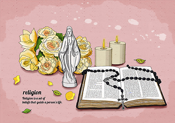 PSD 꽃잎 종교 꽃다발 일러스트 촛불 종교용품 나뭇잎 사람없음 성경 천주교 묵주 성모마리아상 국내일러스트 꽃 잎 초 파일형식