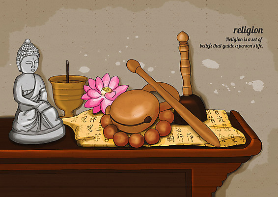 PSD 종교 불교 일러스트 종교용품 탁자 사람없음 종 불상 향 염주 목탁 불경 향로_분향 국내일러스트 가구 불교용품 파일형식