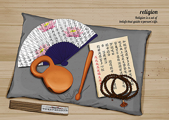 PSD 종교 불교 일러스트 종교용품 방석 사람없음 부채 염주 목탁 전통부채 불경 국내일러스트 불교용품 파일형식