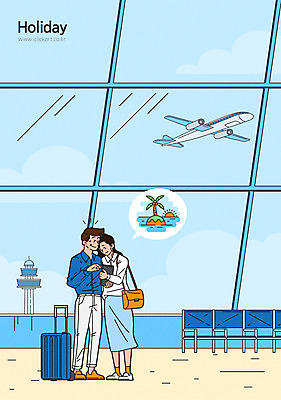 전신 커플 여자 남자 바다 섬 여행 일러스트 비행기 미소 사람 성인 두명 야자수 캐리어 기댐 공항 즐거움 연휴 관제탑 국내일러스트 AI파일 나무 감정 관계 항공교통 교통시설 모션 대중교통 표정 공휴일 여행가방 파일형식 벡터