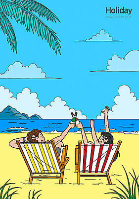 전신 커플 여자 남자 행복 바다 섬 여행 일러스트 하늘 병맥주 미소 사람 성인 해변 두명 손들기 즐거움 건배 선베드 연휴 다리들기 국내일러스트 AI파일 감정 의자 관계 모션 맥주 표정 공휴일 파일형식 벡터