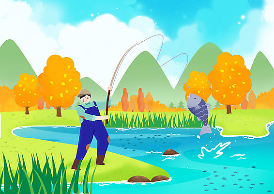 전신 PSD 나무 구름 한마리 남자 일러스트 낚시 산 어류 한명 미소 사람 초원 성인 취미 강 조약돌 당기기 낚싯대 물보라 국내일러스트 자연요소 식물 1 모션 레저 표정 물 수중동물 돌_바위 낚시용품 파일형식