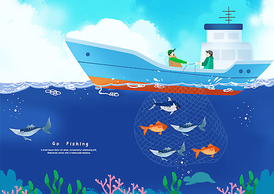 PSD 구름 남자 바다 여러마리 일러스트 낚시 어류 사람 상반신 성인 취미 두명 바닷속 그물 어선 당기기 산호초 어부 국내일러스트 자연요소 직업 다수 배_교통 모션 레저 수중 수중동물 수중식물 파일형식