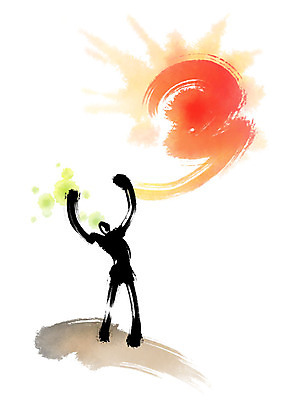 전신 PSD 응시 남자 일러스트 비즈니스 캘리그라피 붓터치 한명 서기 사람 성인 태양 손들기 파이팅 비즈니스맨 자신감 언덕 번짐 힘찬 국내일러스트 자연요소 1 시선 감정 컨셉 모션 직장인 파일형식 효과