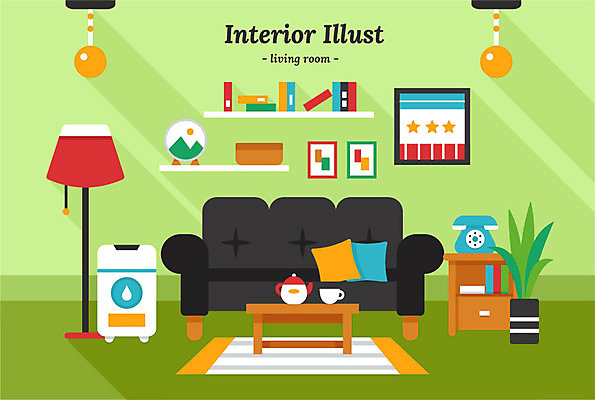 화분 액자 쿠션 거실 일러스트 탁자 주전자 전등 선반 사람없음 책 인테리어 소파 카펫 찻잔 전화기 여러권 공기청정기 국내일러스트 AI파일 디자인 가구 다수 의자 주방용품 조명 잔 가전제품 파일형식 벡터