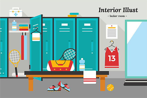 옷 운동화 의자 일러스트 사람없음 운동복 인테리어 수건 문 테니스라켓 옷걸이 테니스공 사물함 물병 발판 구급약통 라커룸 샤워실 운동가방 국내일러스트 AI파일 디자인 가구 신발 가방 공 위생용품 테니스 라켓 테니스용품 물통 샤워시설 파일형식 벡터