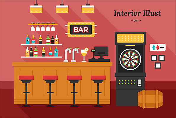 액자 와인잔 의자 일러스트 탁자 전등 간판 주류 사람없음 인테리어 모니터 표지판 바 선술집 계산대 다트판 화장실 드럼통 국내일러스트 AI파일 디자인 음료 가구 술잔 조명 알림판 컴퓨터 술집 다트 파일형식 벡터
