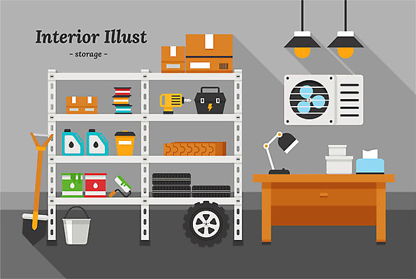 일러스트 전등 선반 사람없음 인테리어 상자 여러개 전선 공구 스탠드 화장지 종이상자 삽 공구함 세제 양동이 책상 창고 타이어 페인트통 페인트롤러 환풍기 국내일러스트 AI파일 디자인 가구 다수 조명 통 페인트 장비 도구 파일형식 벡터