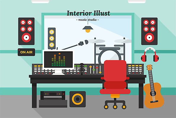 의자 일러스트 창문 전등 사람없음 인테리어 모니터 헤드셋 스피커 기타 마이크 드럼 녹음장비 방송장비 방송중 음악실 국내일러스트 AI파일 디자인 음향기기 가구 현악기 조명 타악기 컴퓨터 헤드폰 장비 파일형식 벡터 녹음_기록