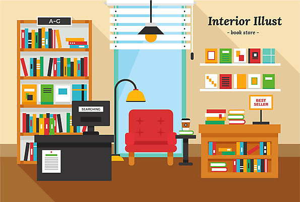 일러스트 창문 탁자 전등 책장 선반 사람없음 책 인테리어 소파 모니터 블라인드 책상 검색 진열장 서점 베스트셀러 테이크아웃컵 국내일러스트 AI파일 디자인 가구 의자 조명 컵 컴퓨터 상점 커튼 파일형식 벡터