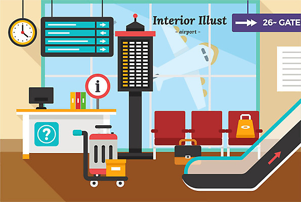 의자 서류가방 일러스트 창문 비행기 안내 알림판 사람없음 인테리어 쇼핑백 모니터 캐리어 카트 표지판 운반 공항 프런트 벽시계 에스컬레이터 게이트 파일함 국내일러스트 AI파일 디자인 시계 가구 가방 항공교통 교통시설 대중교통 컴퓨터 여행가방 사무용품 파일형식 벡터