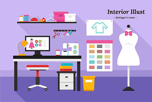 의자 일러스트 선반 사람없음 인테리어 컴퓨터 상자 쓰레기통 스탠드 작업 바늘 실 옷걸이 마네킹 패션디자이너 재봉틀 책상 서랍장 가위질 디자인실 의상실 국내일러스트 AI파일 디자인 가구 조명 가위_도구 전자제품 도구 디자이너 파일형식 벡터