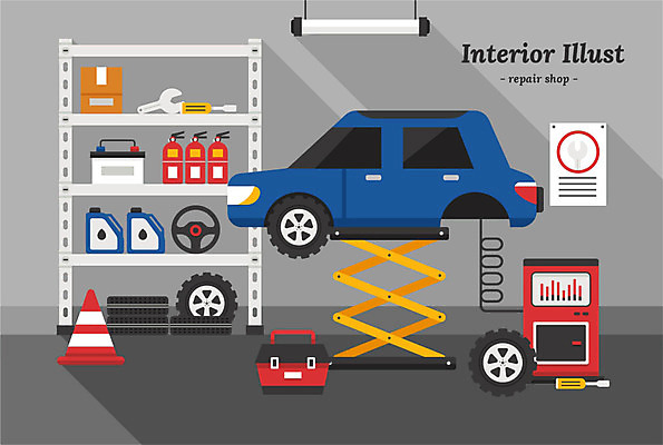 포스터 일러스트 자동차 사람없음 인테리어 도구 공구 바퀴 수리 핸들 공구함 검사_조사 진열장 타이어 형광등 빠짐 소화기 안전삼각대 정비소 카센터 국내일러스트 AI파일 디자인 육상교통 전등 센터 안전장비 소방 파일형식 벡터