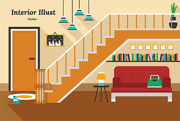 화분 액자 거실 일러스트 탁자 전등 선반 슬리퍼 주택 사람없음 책 인테리어 소파 계단 카펫 핸드백 현관문 국내일러스트 AI파일 디자인 가구 신발 의자 가방 조명 건물 문 파일형식 벡터