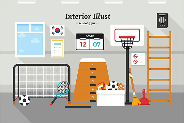 일러스트 사다리 축구공 창문 학교 농구공 사람없음 인테리어 테니스라켓 태극기 빗자루 골대 체육관 농구대 배구공 뜀틀 쓰레받기 발판 리스트 점수판 국내일러스트 AI파일 디자인 교육 스포츠용품 공 축구용품 농구 테니스 도구 라켓 국기 배구 청소도구 파일형식 벡터