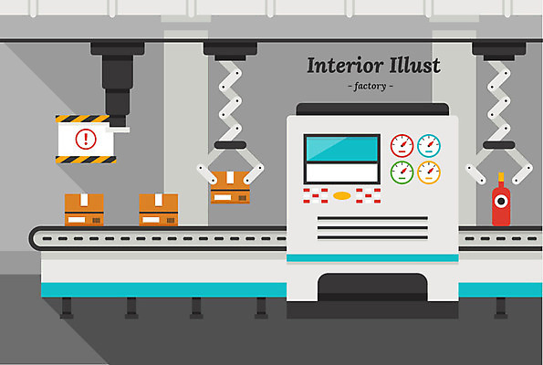 일러스트 공장 유리병 집게 사람없음 인테리어 여러개 기계 종이상자 검사_조사 시스템 무인기계 안전표시판 컨베어밸트 국내일러스트 AI파일 디자인 다수 공업 표시 병_용기 상자 파일형식 벡터