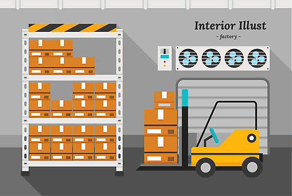 일러스트 공장 사람없음 인테리어 상자 쌓기 여러개 진열장 지게차 택배상자 셔터 환풍기 전원스위치 포장상자 국내일러스트 AI파일 디자인 다수 공업 모션 장비 중장비 택배 파일형식 벡터