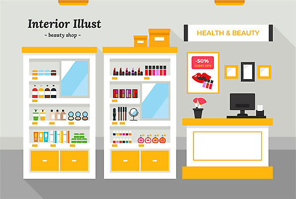 포스터 일러스트 사람없음 인테리어 컴퓨터 세일 상점 모니터 거울 립스틱 미용용품 뷰티샵 종이상자 계산대 향수 마스카라 진열장 매니큐어 스킨 로션 아이섀도 메이크업브러쉬 파우더팩트 국내일러스트 AI파일 디자인 전자제품 상자 화장품 붓 오브젝트 파일형식 벡터