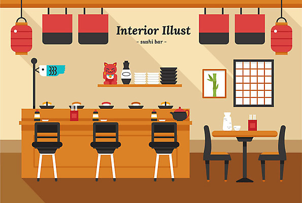 그릇 액자 술잔 의자 일러스트 창문 탁자 술병 사람없음 인테리어 식당 초밥 대나무 간장 격자 종지 고양이인형 소스통 일식집 국내일러스트 AI파일 나무 식기 디자인 인형 가구 무늬 병_용기 잔 주류 통 상점 양념 소스_음식 일본음식 파일형식 벡터