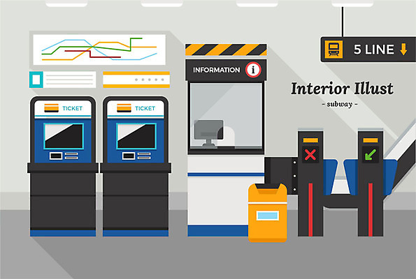일러스트 사람없음 인테리어 컴퓨터 쓰레기통 표지판 티켓 전철 프런트 개찰구 지하철노선도 지하철표 티켓박스 국내일러스트 AI파일 디자인 육상교통 대중교통 알림판 전자제품 상자 노선도 파일형식 벡터