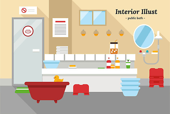 음료 일러스트 욕조 사람없음 인테리어 수건 문 거울 목욕탕 세면대 비누 샤워기 대야 아이스커피 환풍기 오리인형 욕실의자 국내일러스트 AI파일 디자인 커피 인형 의자 위생용품 장비 파일형식 벡터