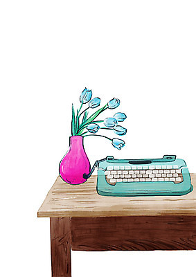 PSD 일러스트 탁자 수채화 풍경 사람없음 일상 장식 꽃병 빈티지 오브젝트 감성 타자기 국내일러스트 꽃 가구 컨셉 라이프 골동품 파일형식