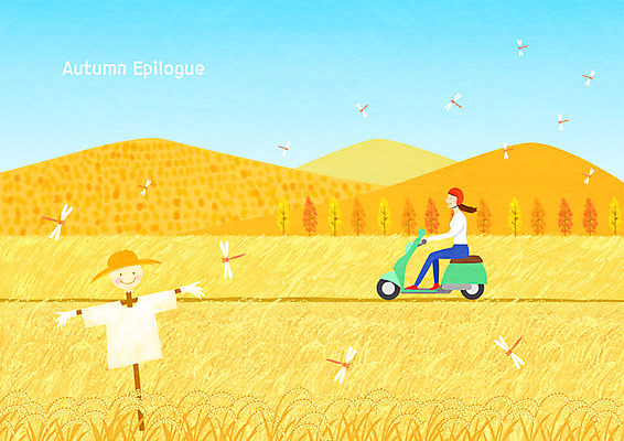 전신 PSD 여자 단풍 여러마리 일러스트 하늘 단풍나무 논 한명 사람 성인 가을풍경 오토바이 벼 가을 잠자리 승차 산등성이 허수아비 시골길 논길 국내일러스트 나무 1 계절 길 다수 곤충 잎 농업 모션 산 곡류 풍경 바이크 파일형식 가을_계절