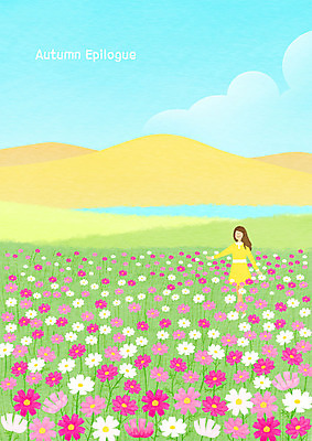 PSD 구름 여자 호수 꽃밭 일러스트 한명 서기 미소 사람 상반신 성인 가을풍경 가을 코스모스 산등성이 성인여자한명만 국내일러스트 자연요소 1 계절 꽃 모션 산 표정 풍경 여자한명만 성인여자만 파일형식 가을_계절