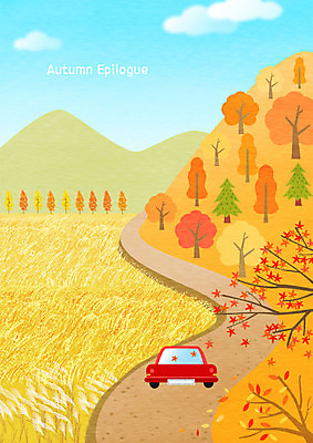 PSD 단풍 한대 일러스트 자동차 단풍나무 산 논 풍경 사람없음 가을풍경 벼 가을 시골 시골길 국내일러스트 나무 1 계절 길 육상교통 잎 농업 곡류 파일형식 가을_계절