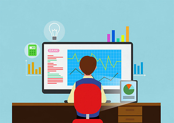 PSD 응시 남자 일러스트 전구 그래프 한명 사람 앉기 상반신 성인 금융 태블릿 모니터 계산기 책상 은행 국내일러스트 1 시선 가구 모션 문구용품 경제 전자제품 스마트기기 컴퓨터 장비 파일형식